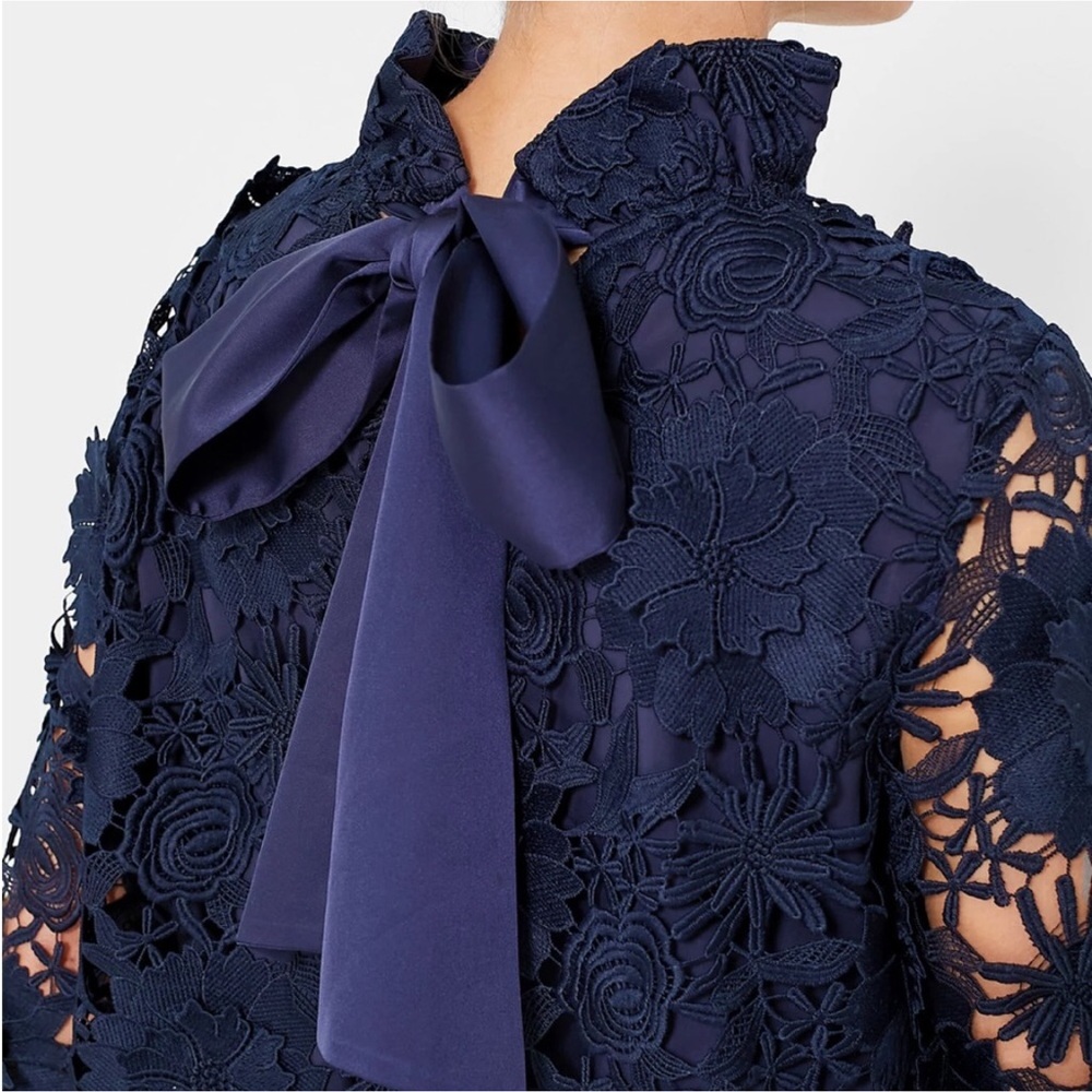 Tuckernuck Navy Floral Lace Mini Dress with Back Bow - Picture 3 of 14